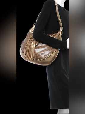 Gucci Crystal Metallic Bronze Monogram Babouska Hobo Shoulder Bag with Fringe